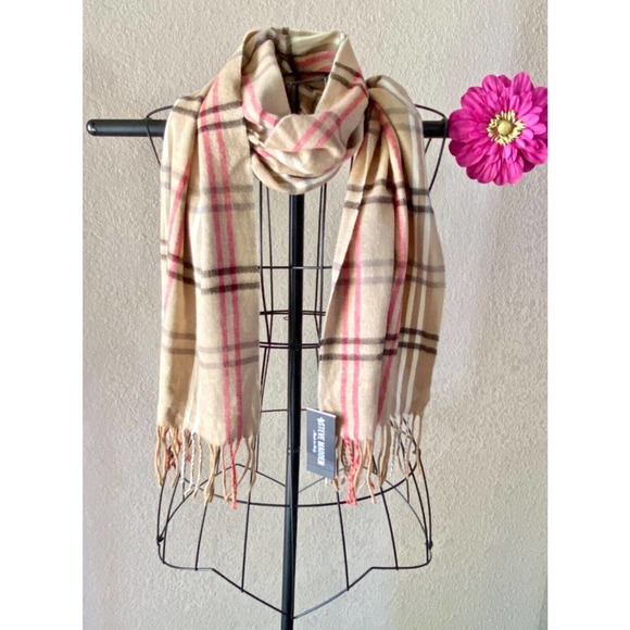 New Steve Madden Made in Italy Camel Beige & Red Super Soft Plaid Scarf - Picture 2 of 6